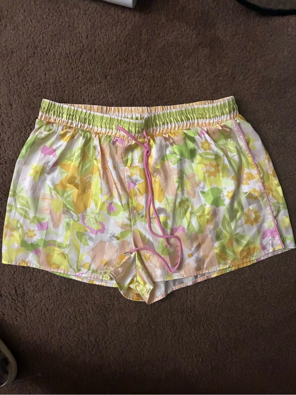 Free People Pastel Floral Satin Lounge Shorts in Yellow, Green & Pink - Picture 2 of 4